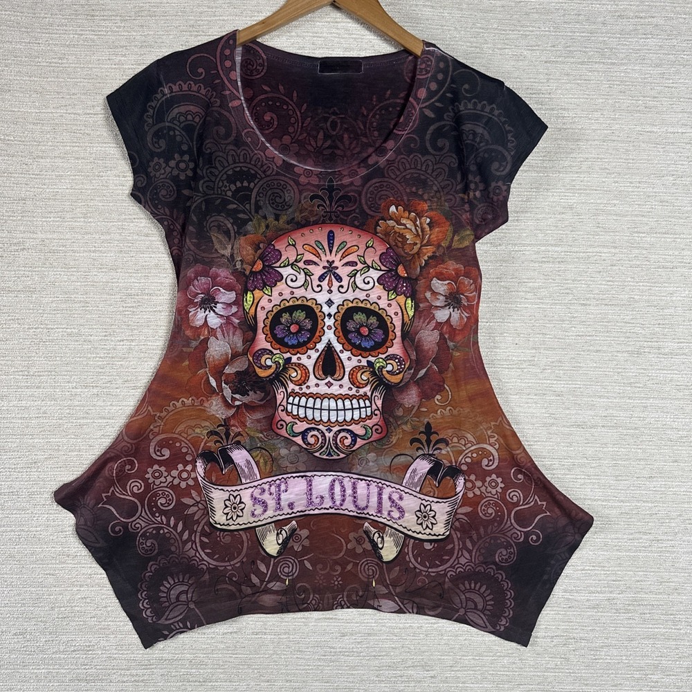 Sweet Gisele Skull Graphic Top St Louis Sheer Boho Gothic Festival S